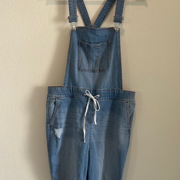 Guess Womens Overalls Blue High Rise Distressed Waist Drawstring Denim Size L - Picture 1 of 6